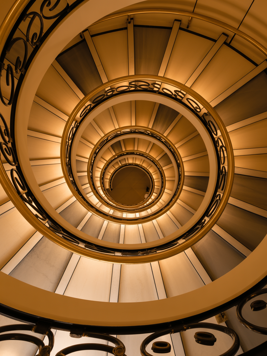 A beautifully lit golden spiral staircase viewed from above, creating an abstract pattern.