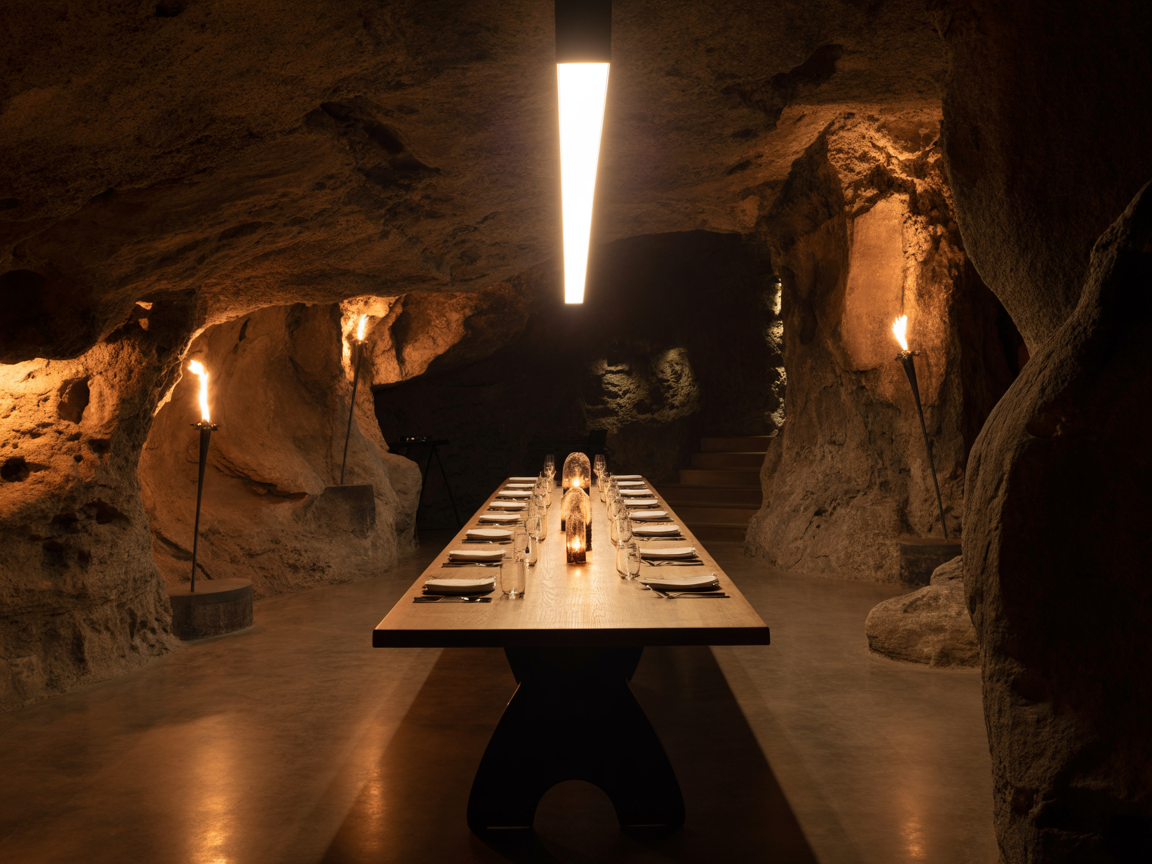 Long dining table set for a feast inside a beautifully lit natural cave.